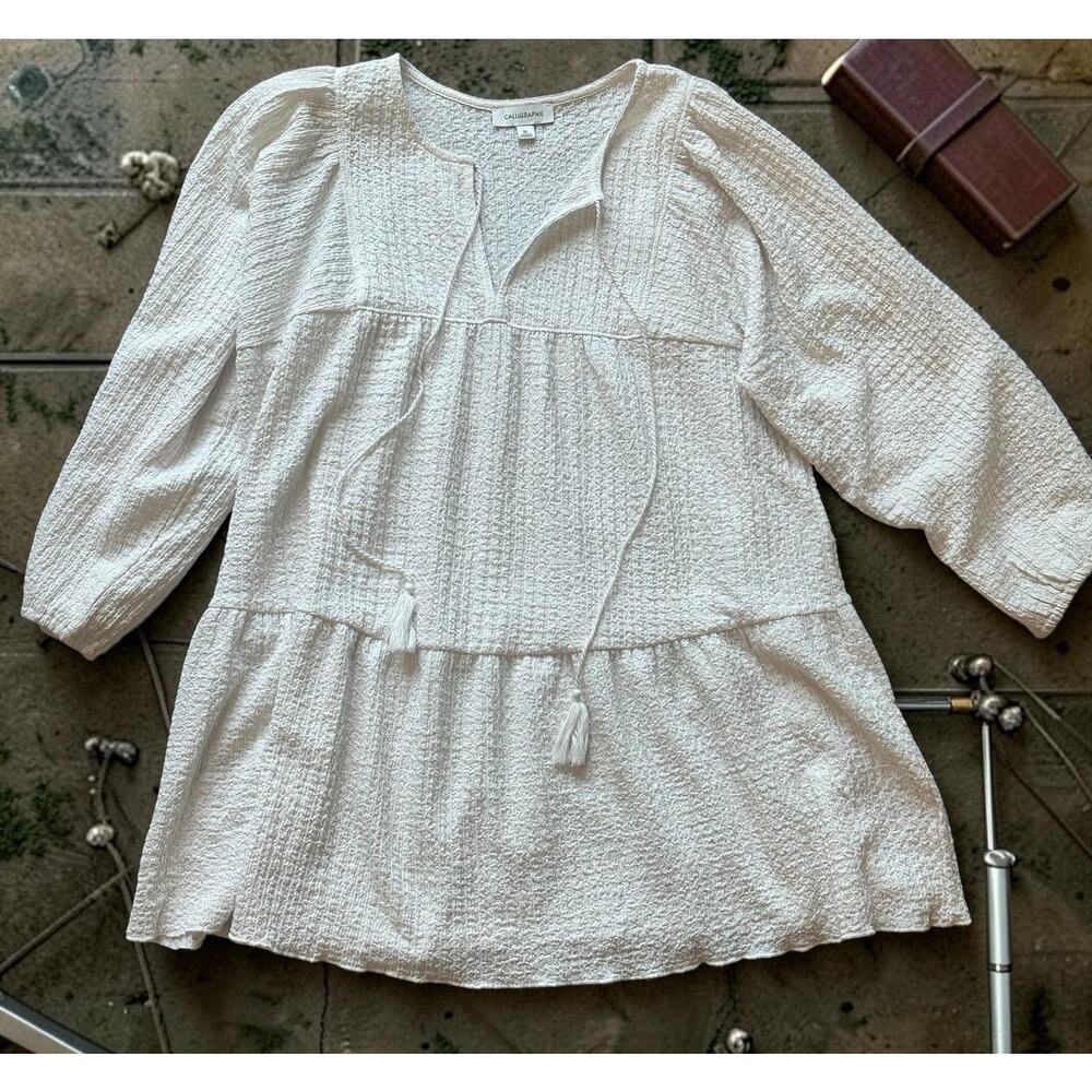 Calligraphie Knit Tasseled Tie Tunic Blouse White Relaxed Fit XL